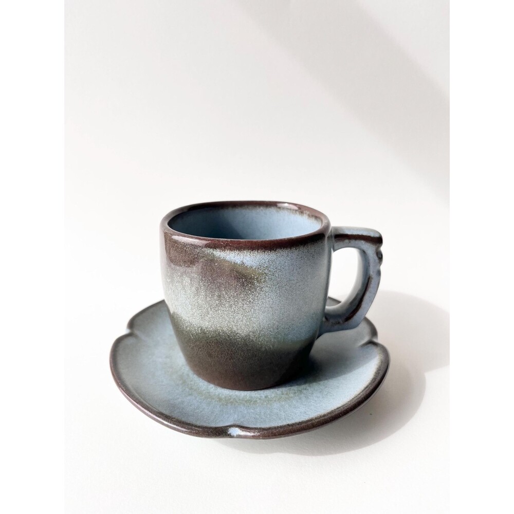 Vintage 1960s-70s Blue Frankoma Pottery Coffee Tea Mug with Saucer | Plainsman
